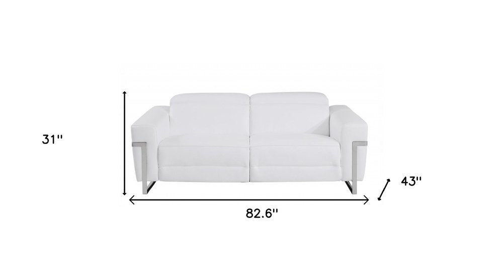 Alessio 83" White Italian Leather USB Power Reclining Sofa with Chrome Legs