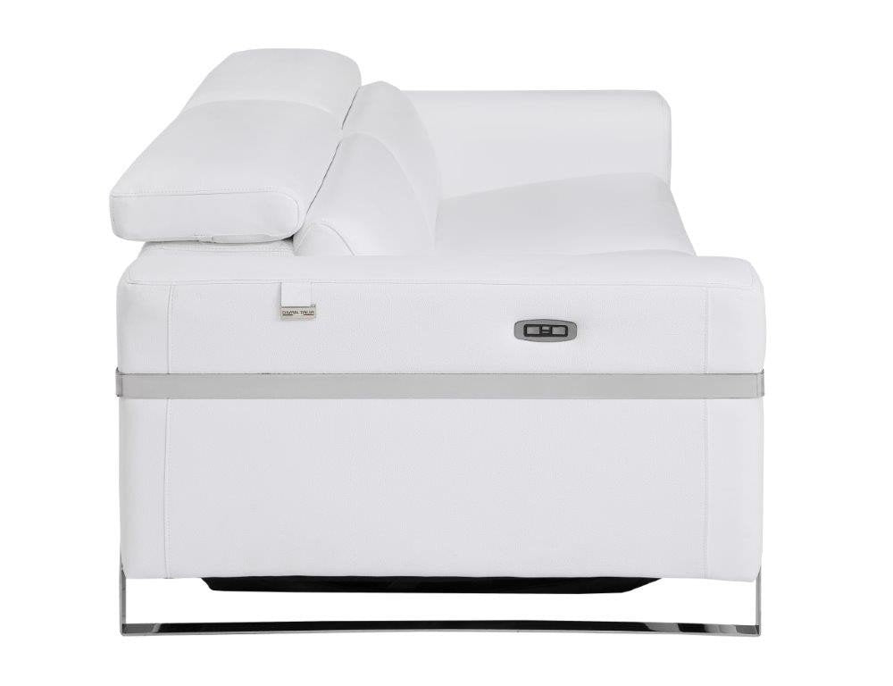 Alessio 83" White Italian Leather USB Power Reclining Sofa with Chrome Legs