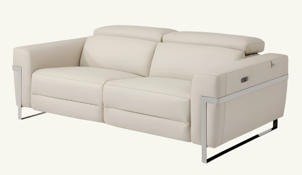 Valerio 83" Beige Italian Leather USB Power Reclining Sofa with Silver Legs