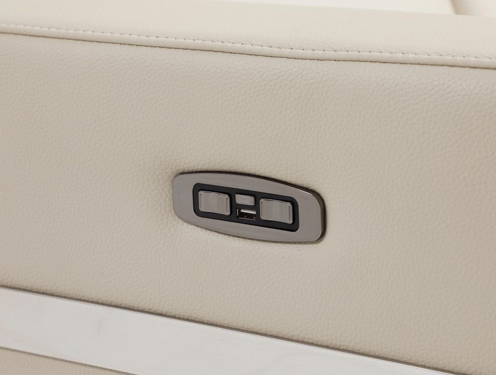 Valerio 83" Beige Italian Leather USB Power Reclining Sofa with Silver Legs