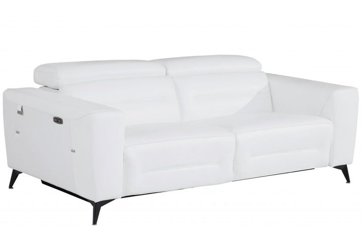 Siena 83" White Italian Leather USB Power Reclining Sofa with Black Stainless Steel Legs