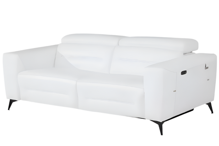 Siena 83" White Italian Leather USB Power Reclining Sofa with Black Stainless Steel Legs