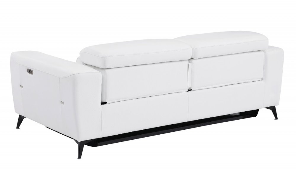 Siena 83" White Italian Leather USB Power Reclining Sofa with Black Stainless Steel Legs