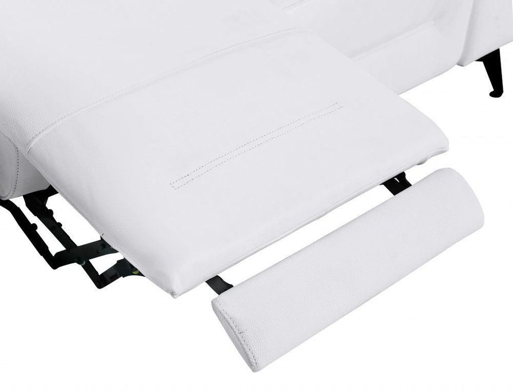 Siena 83" White Italian Leather USB Power Reclining Sofa with Black Stainless Steel Legs