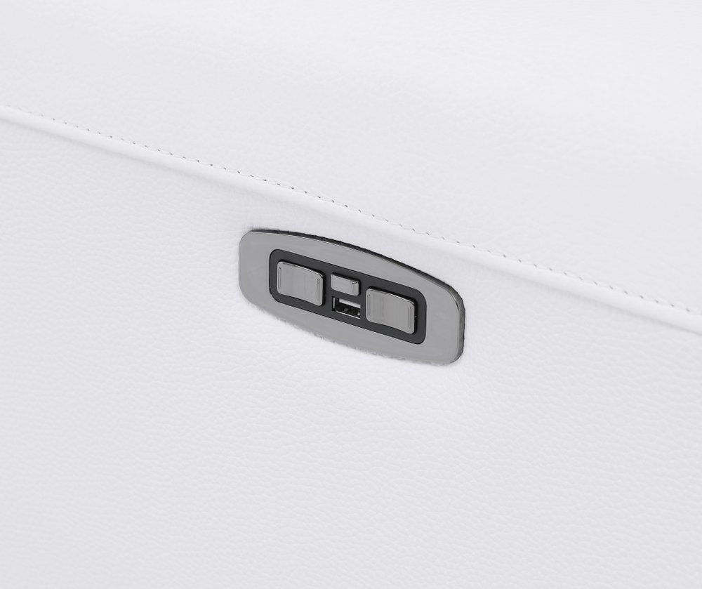 Siena 83" White Italian Leather USB Power Reclining Sofa with Black Stainless Steel Legs
