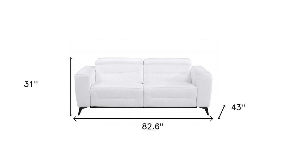 Siena 83" White Italian Leather USB Power Reclining Sofa with Black Stainless Steel Legs