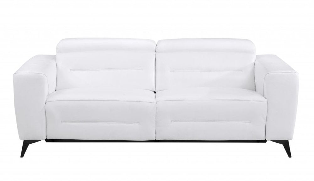 Siena 83" White Italian Leather USB Power Reclining Sofa with Black Stainless Steel Legs