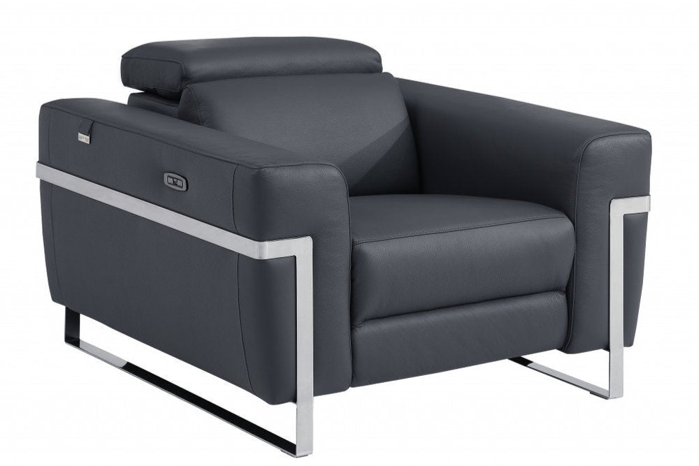 Valerio 41" Dark Gray Italian Leather Power Recliner with Chrome Legs