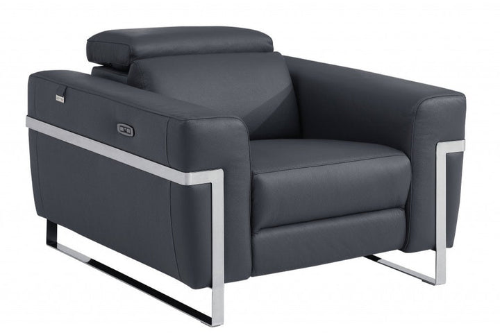 Valerio 41" Dark Gray Italian Leather Power Recliner with Chrome Legs