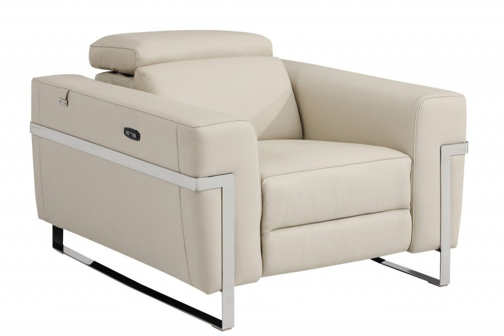 Portofino 41″ Beige Italian Leather Power Recliner with Chrome Legs