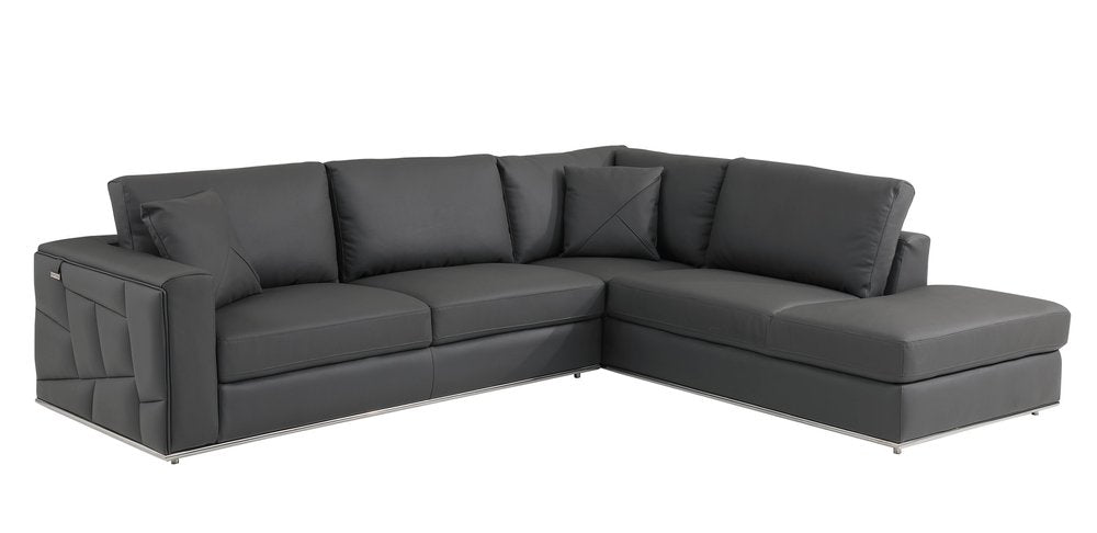 Laurent Dark Gray Italian Top Grain Leather 2-Piece L-Shaped Sectional with Silver Legs