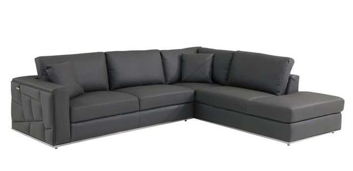 Laurent Dark Gray Italian Top Grain Leather 2-Piece L-Shaped Sectional with Silver Legs