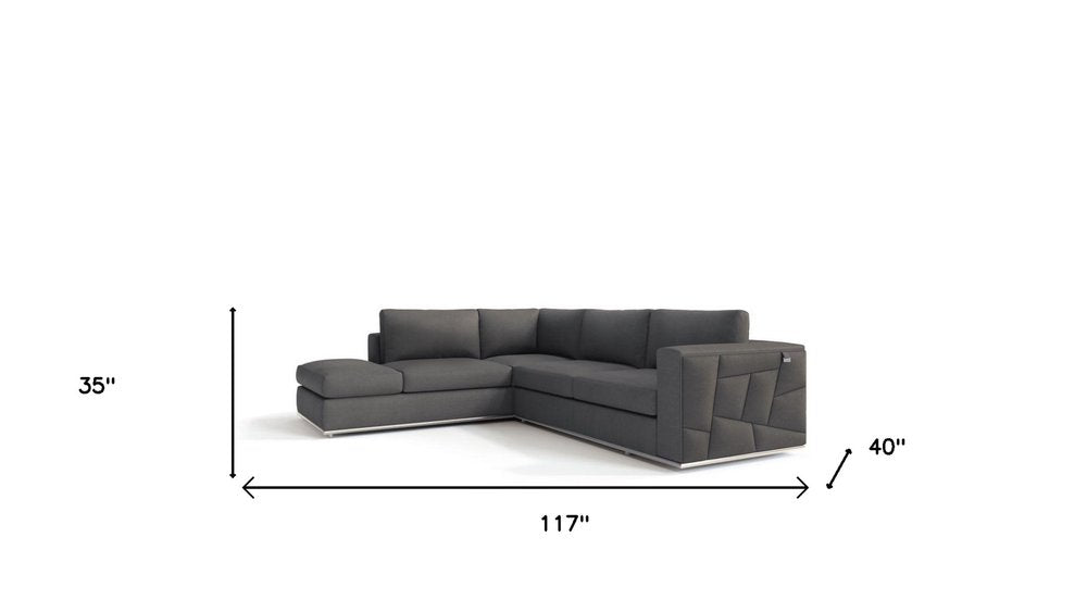 Laurent Dark Gray Italian Top Grain Leather 2-Piece L-Shaped Sectional with Silver Legs