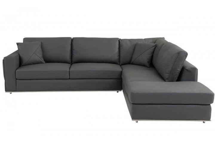 Dario Dark Gray Italian Top Grain Leather 2-Piece Reclining Sectional with Storage and Silver Legs