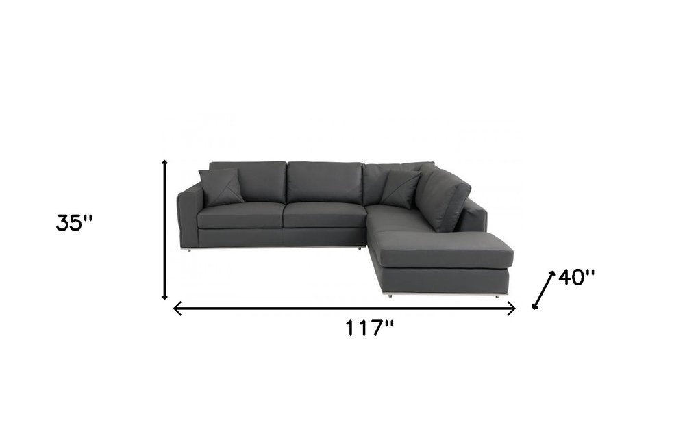 Dario Dark Gray Italian Top Grain Leather 2-Piece Reclining Sectional with Storage and Silver Legs