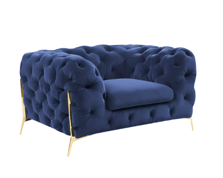 50" Blue And Gold Velvet Tufted Lounge Chair
