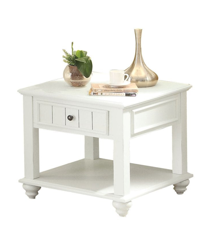 24" White Washed Square End Table With Drawer And Shelf