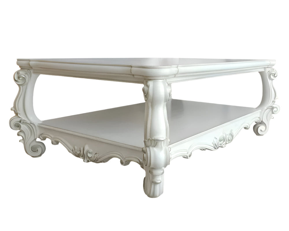 57" Antiqued White Wood Coffee Table With Shelf