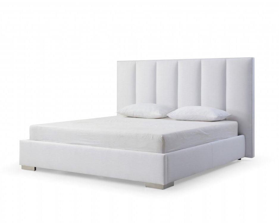 Savoy 87" White Ribbed Velvet Upholstered Queen Bed Frame with Elevated Legs