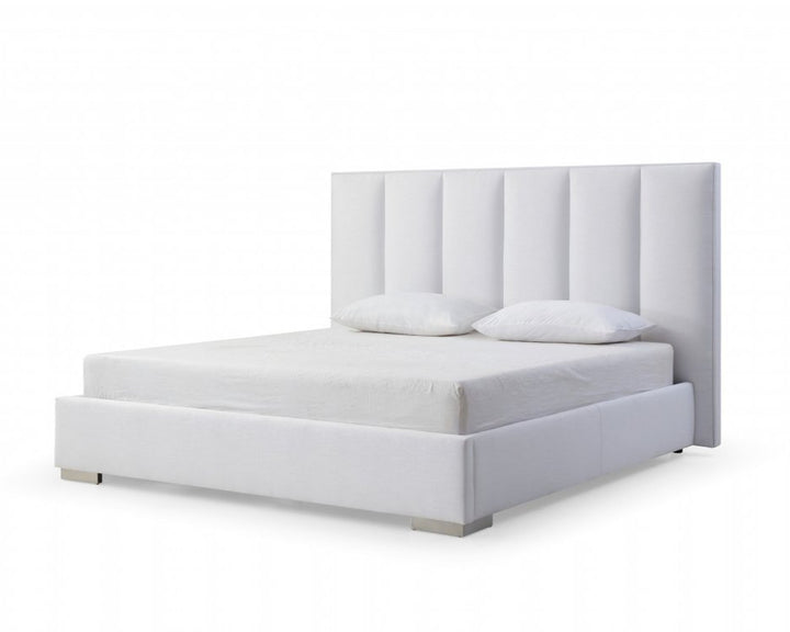 Savoy 87" White Ribbed Velvet Upholstered Queen Bed Frame with Elevated Legs