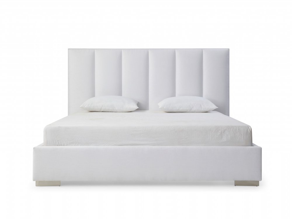 Savoy 87" White Ribbed Velvet Upholstered Queen Bed Frame with Elevated Legs