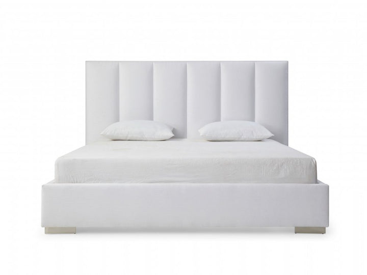 Savoy 87" White Ribbed Velvet Upholstered Queen Bed Frame with Elevated Legs