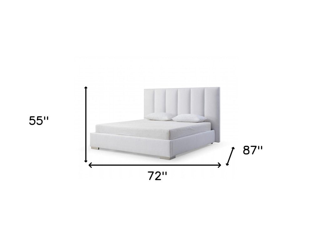 Savoy 87" White Ribbed Velvet Upholstered Queen Bed Frame with Elevated Legs