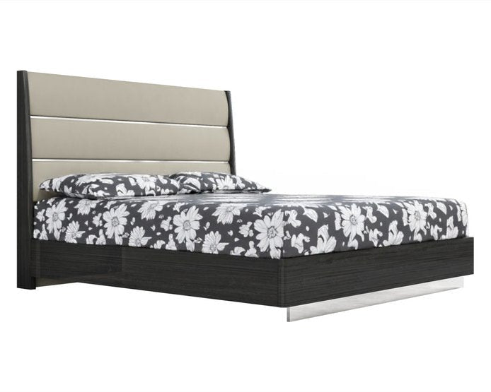 Lorenzo 80" Dark Gray High Gloss King Bed Frame with Faux Leather Headboard