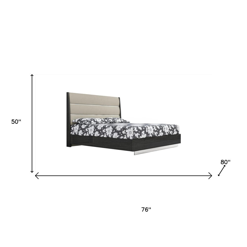 Lorenzo 80" Dark Gray High Gloss King Bed Frame with Faux Leather Headboard