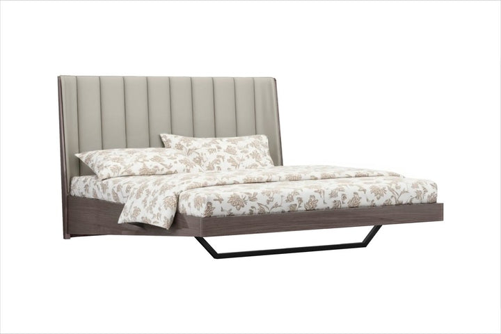 Corentin 80" Gray Faux Leather King Bed Frame with Ivory Gloss and Metal Base
