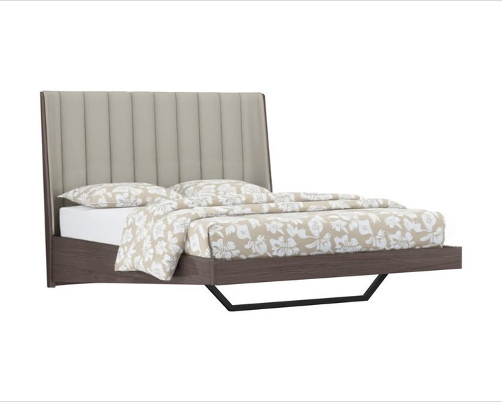 Corentin 80" Gray Faux Leather Queen Bed Frame with Ivory Gloss and Metal Base