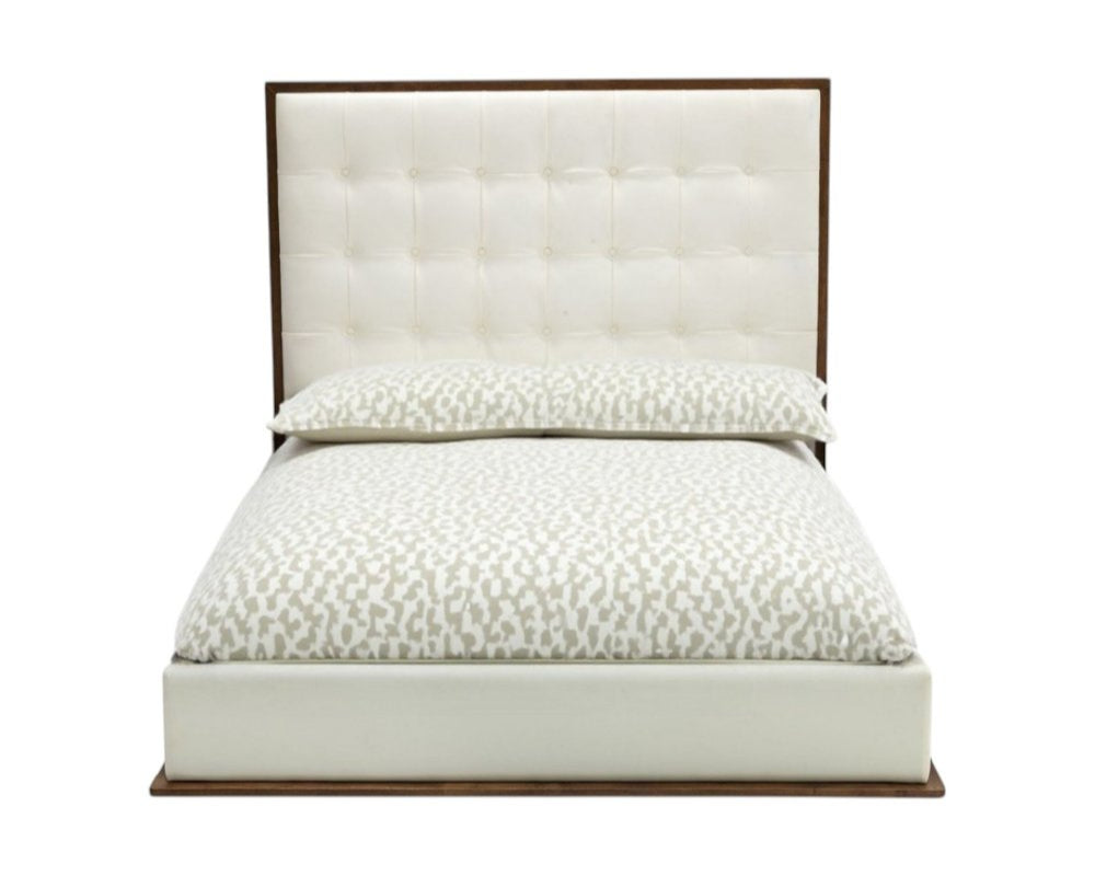 Brown and White Wood And Tufted Faux Leather Queen Bed Frame