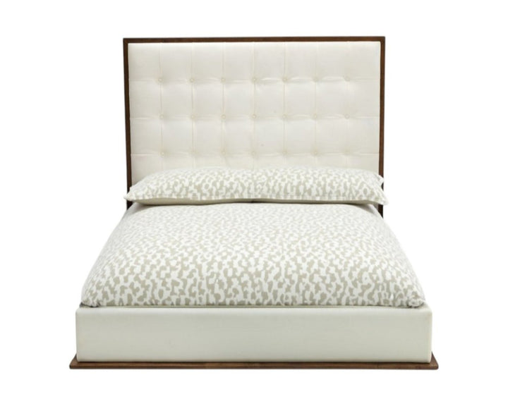 Brown and White Wood And Tufted Faux Leather Queen Bed Frame