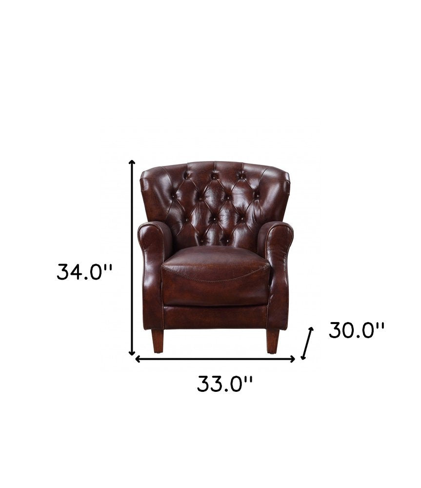 Bellagio 30" Brown Top Grain Leather Tufted Club Chair with Steel Blue Legs