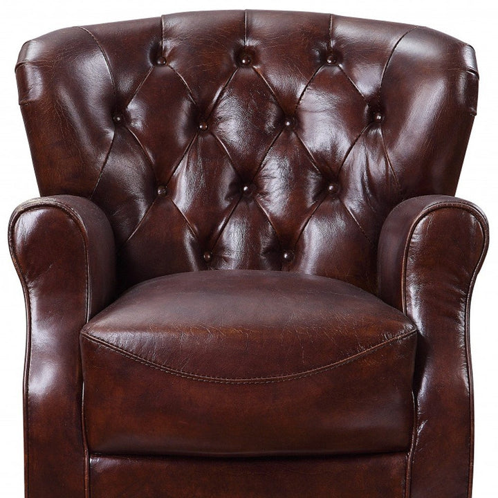 Bellagio 30" Brown Top Grain Leather Tufted Club Chair with Steel Blue Legs