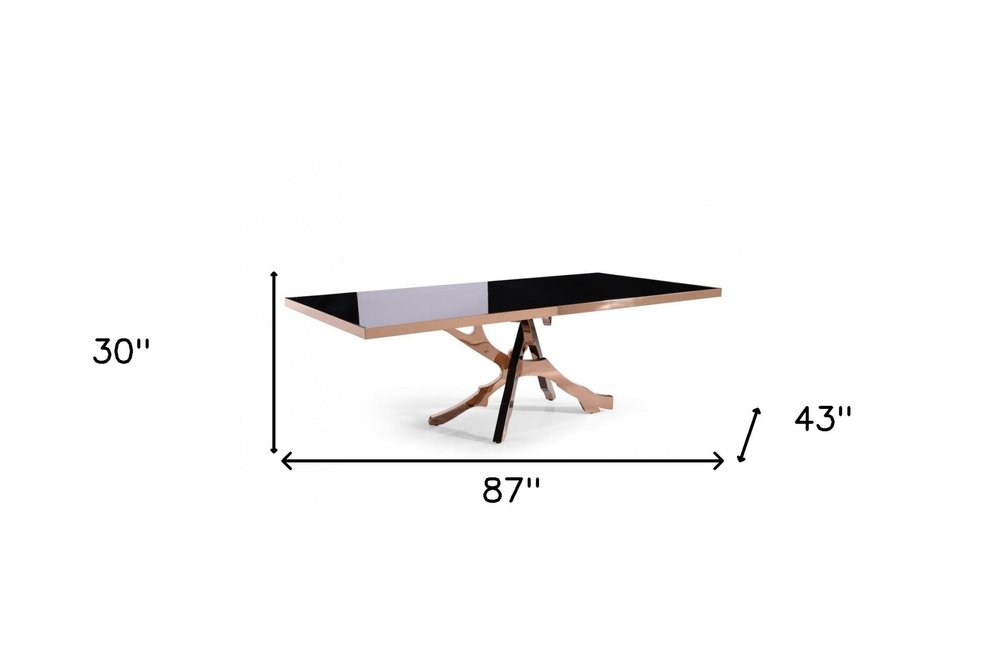 Élodie 87" Black Glass Dining Table with Rose Gold Pedestal Base