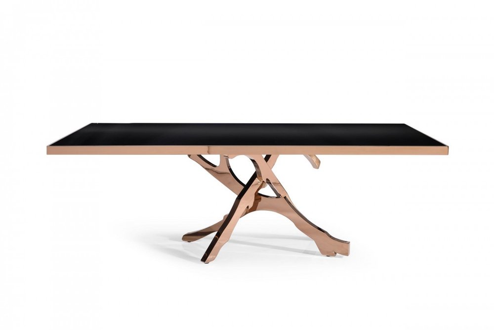 Élodie 87" Black Glass Dining Table with Rose Gold Pedestal Base