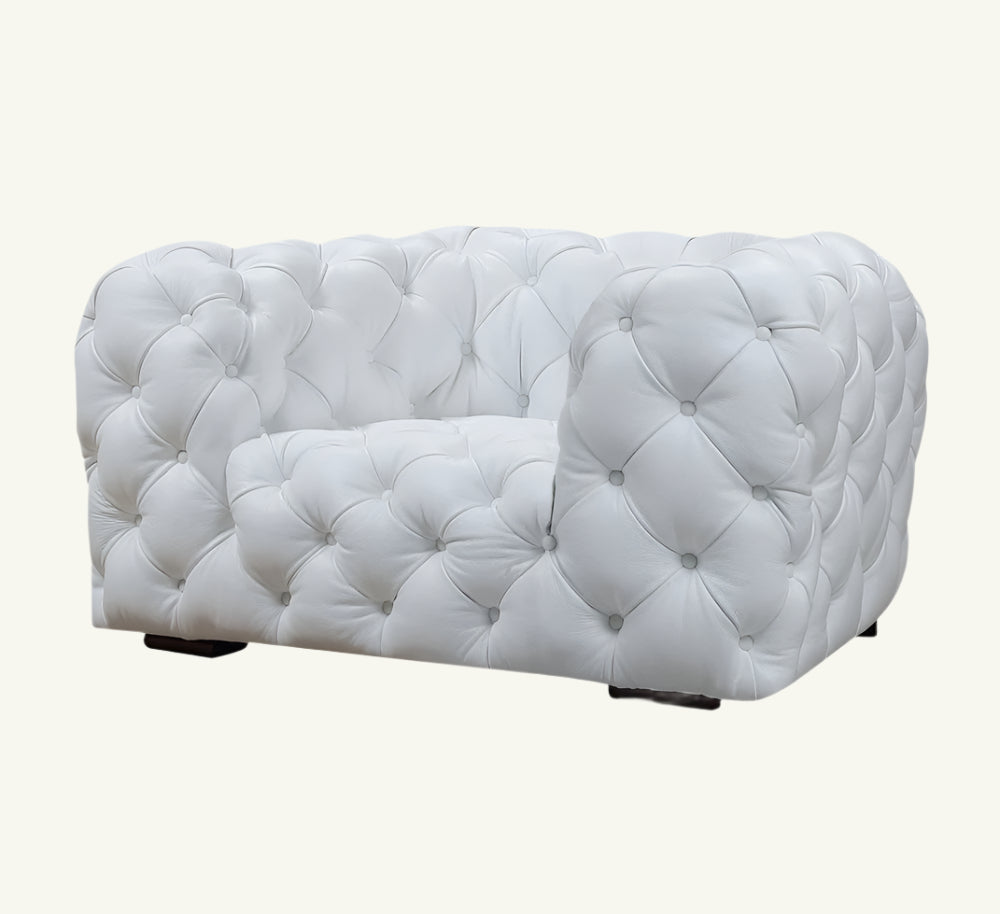 Lucente 57" White Italian Leather Tufted Armchair with Black Legs