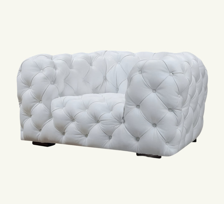 Lucente 57" White Italian Leather Tufted Armchair with Black Legs