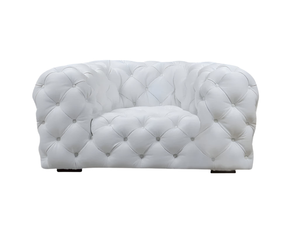 Lucente 57" White Italian Leather Tufted Armchair with Black Legs