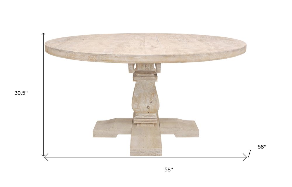 Brécy 58" Light Brown Solid Wood Round Dining Table with Pedestal Base