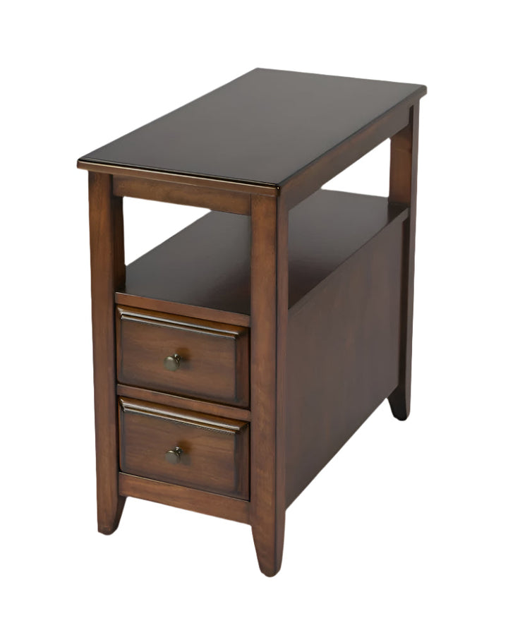 24" Antiqued Cherry Narrow End Table with Drawers and Shelf