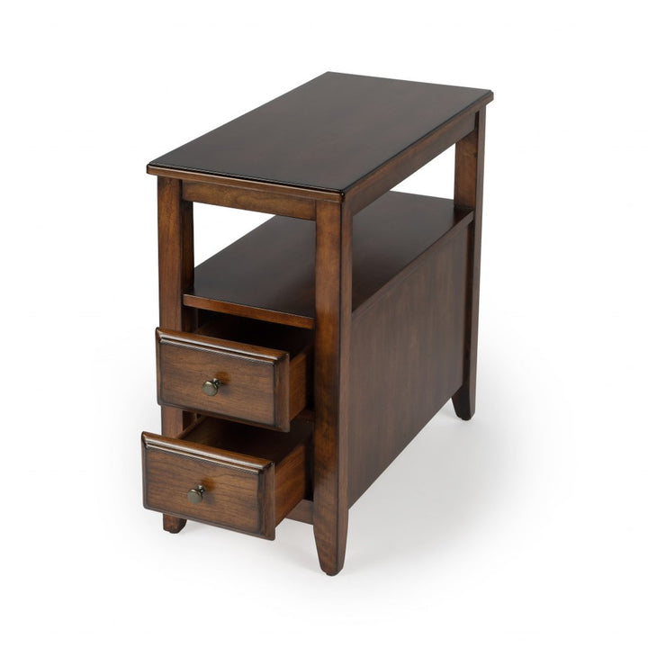 24" Antiqued Cherry Narrow End Table with Drawers and Shelf