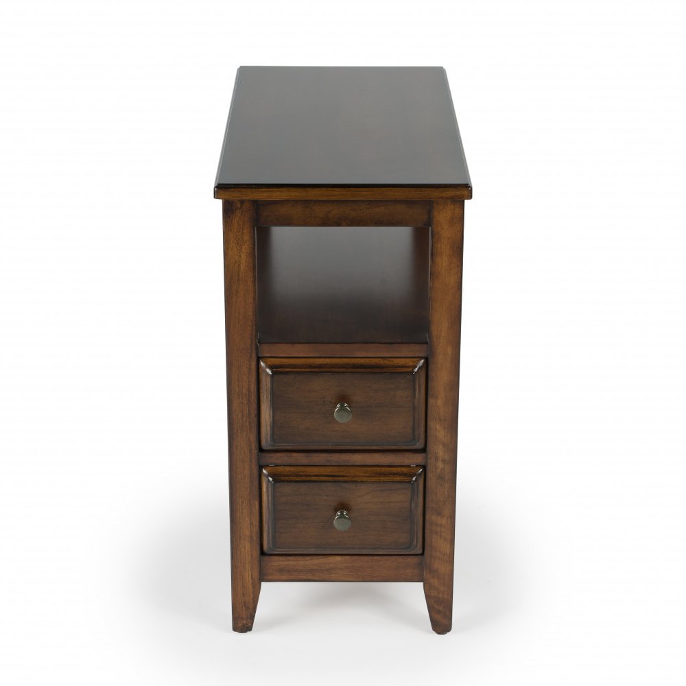 24" Antiqued Cherry Narrow End Table with Drawers and Shelf