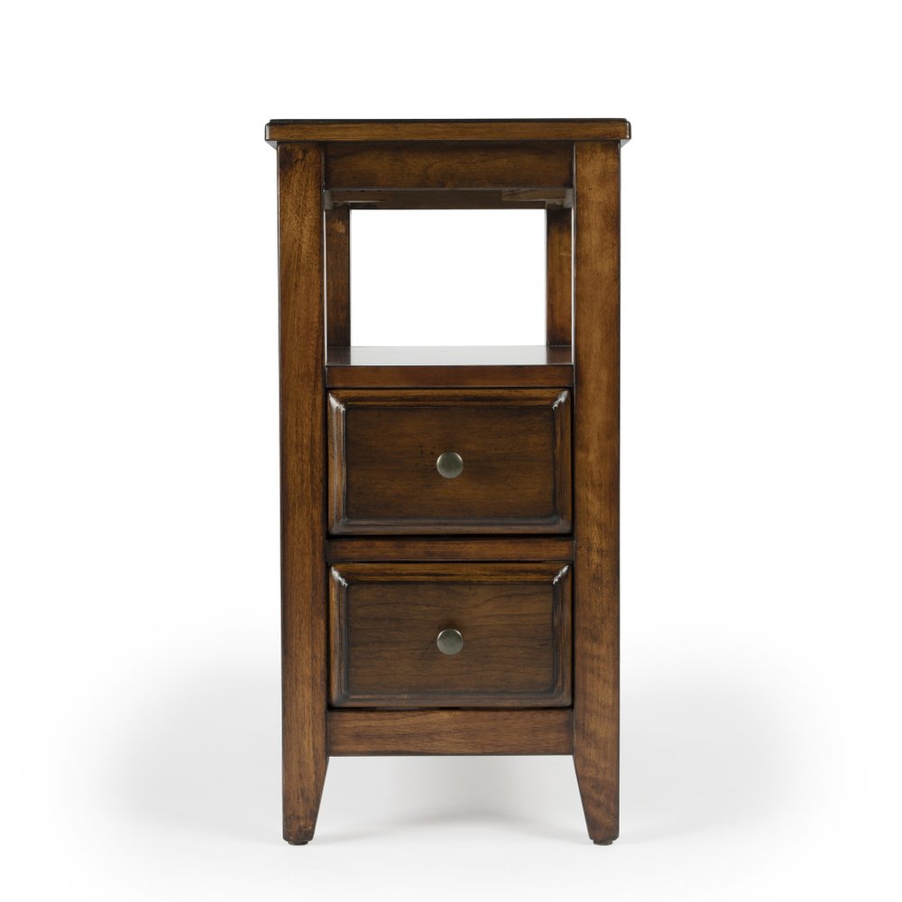 24" Antiqued Cherry Narrow End Table with Drawers and Shelf