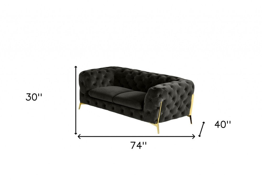 Éloïse 74" Dark Gray Velour Chesterfield Loveseat with Gold Legs