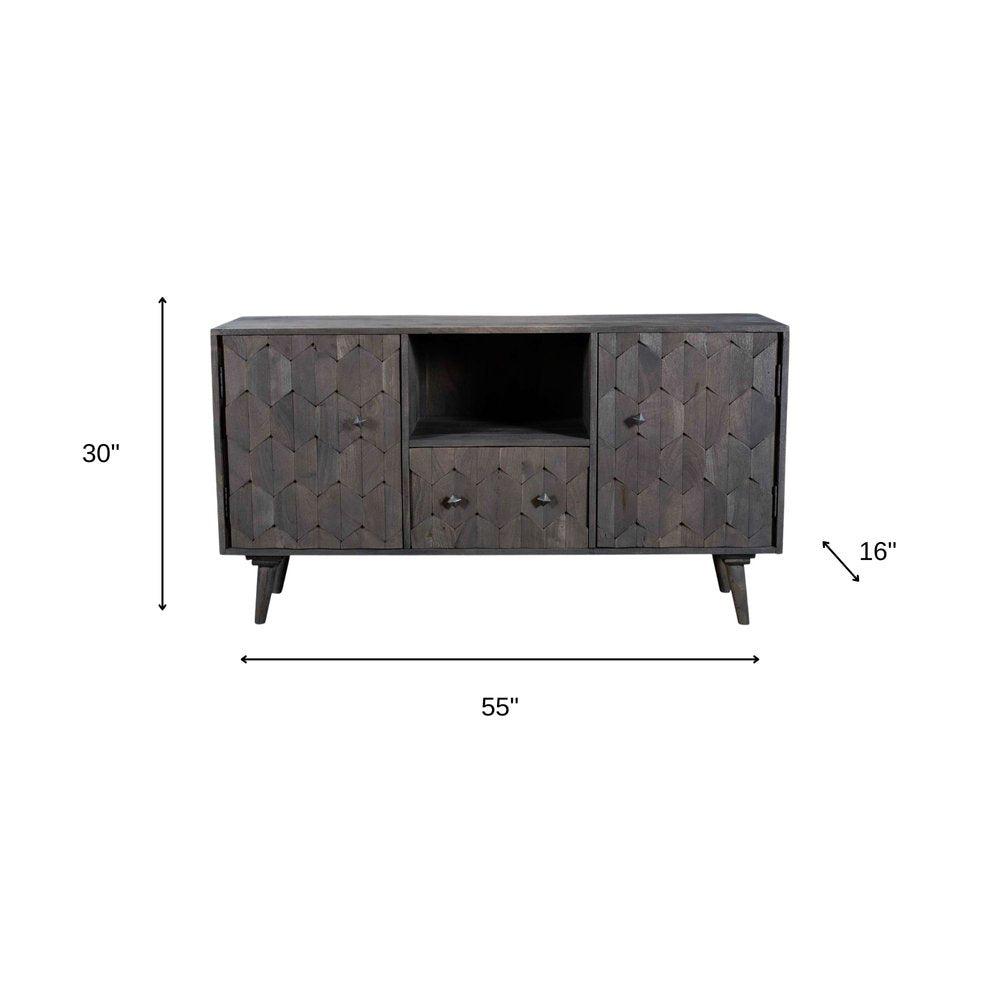 55" Dark Gray Solid Wood Media Console with Hand-Carved Geometric Doors