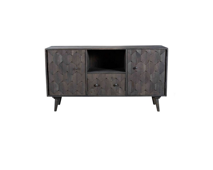 55" Dark Gray Solid Wood Media Console with Hand-Carved Geometric Doors