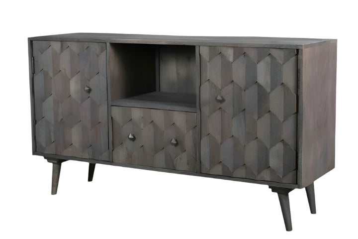 55" Dark Gray Solid Wood Media Console with Hand-Carved Geometric Doors