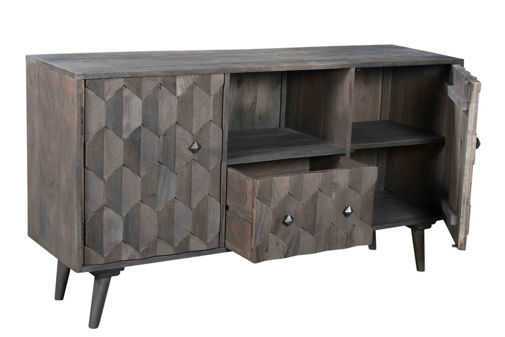 55" Dark Gray Solid Wood Media Console with Hand-Carved Geometric Doors
